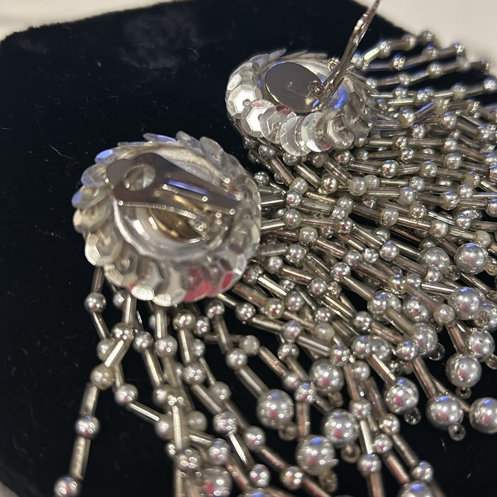 Vintage Silver Beaded Waterfall Clip on Earrings-Boutique - Picture 3 of 3